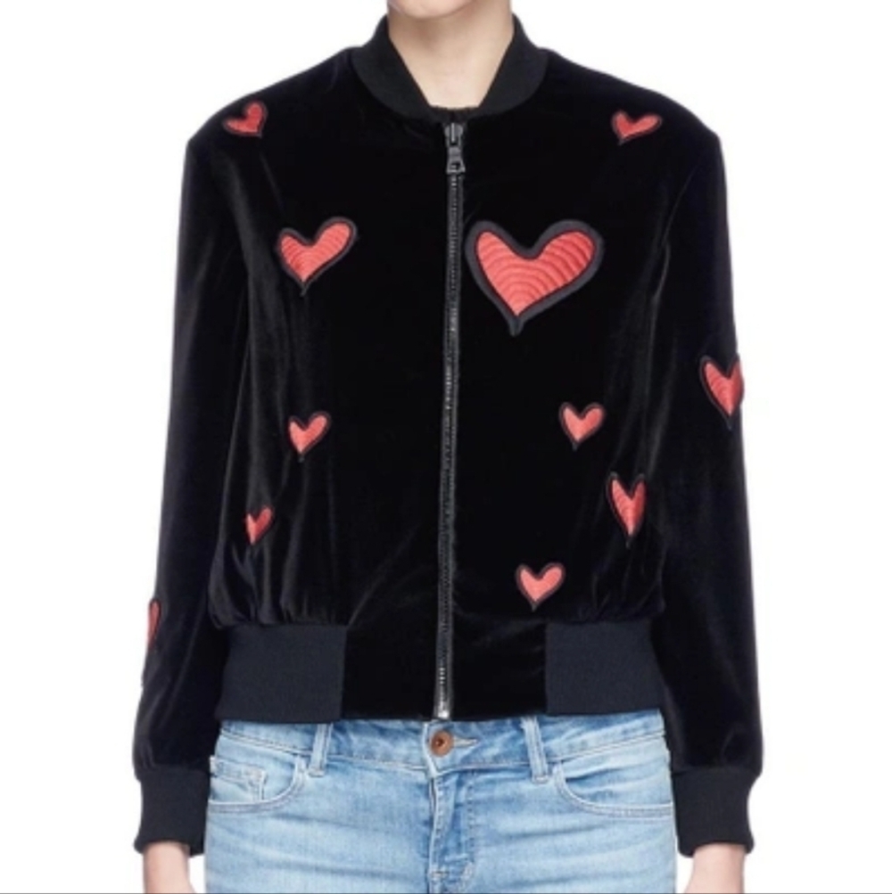 $395 Alice + Olivia Lila Embroidered Heart Patch Bomber Jacket size Large